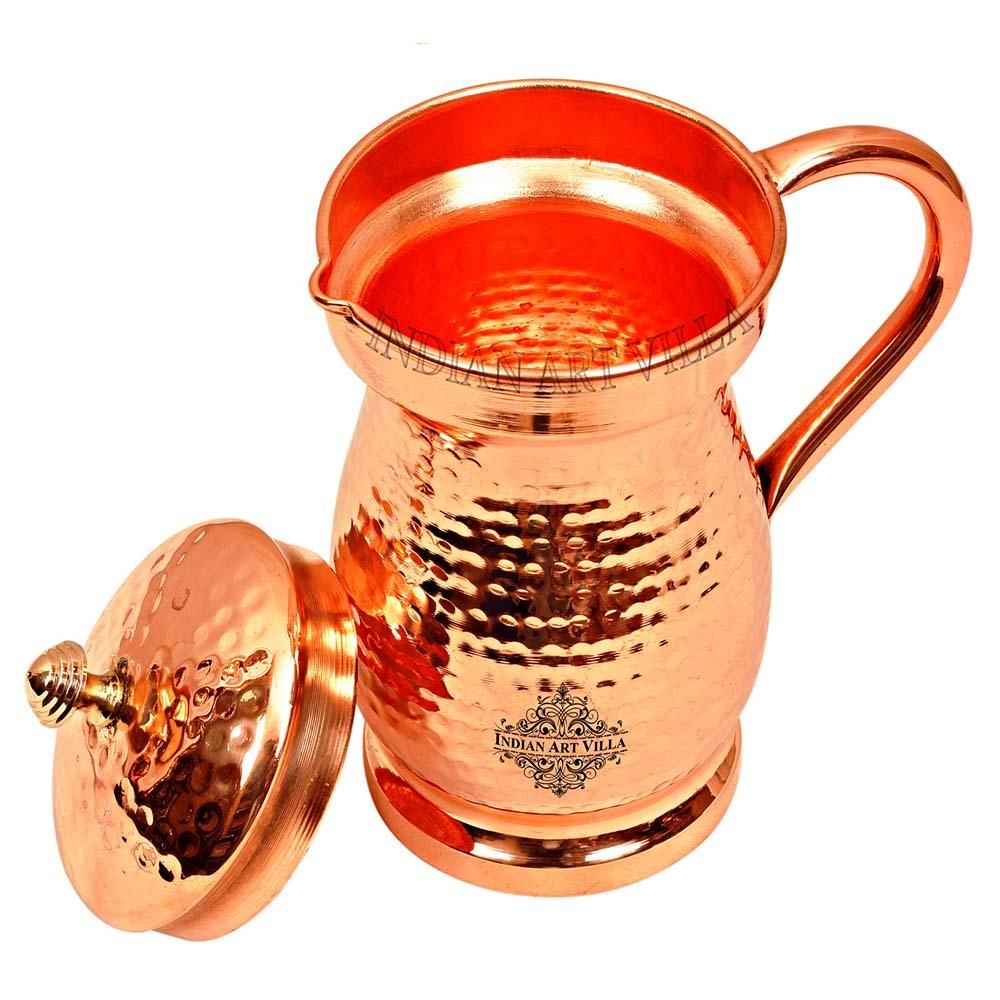Pure copper hammered maharaja style jug with brass knob on lid, 1350 ML